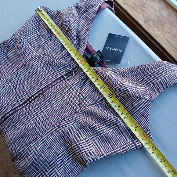 Forever 21 zip-up jumper bodycon dress M woven burgundy cream houndstooth tweed - Picture 6 of 10